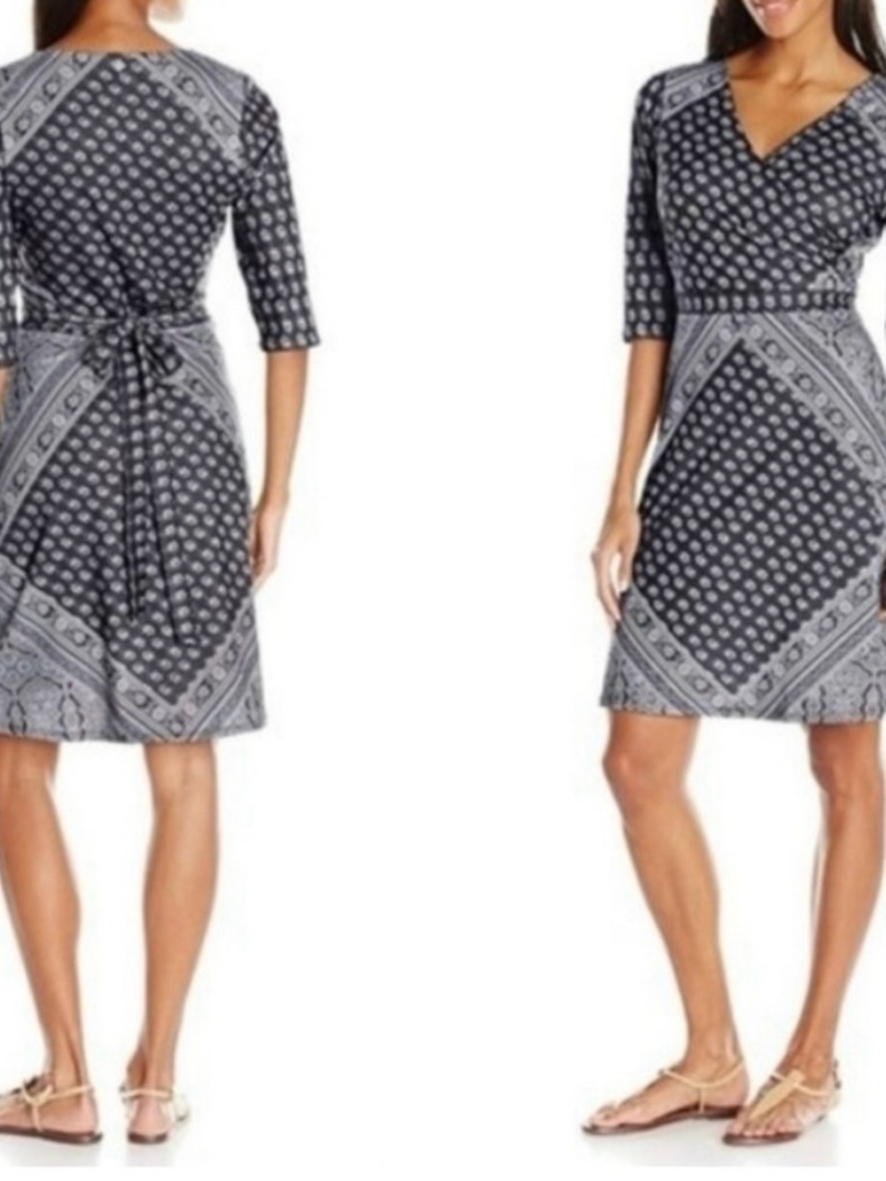 prAna Belladonna Faux Wrap Dress Black White Paisley Floral 3/4 Sleeve Size L - Picture 2 of 8